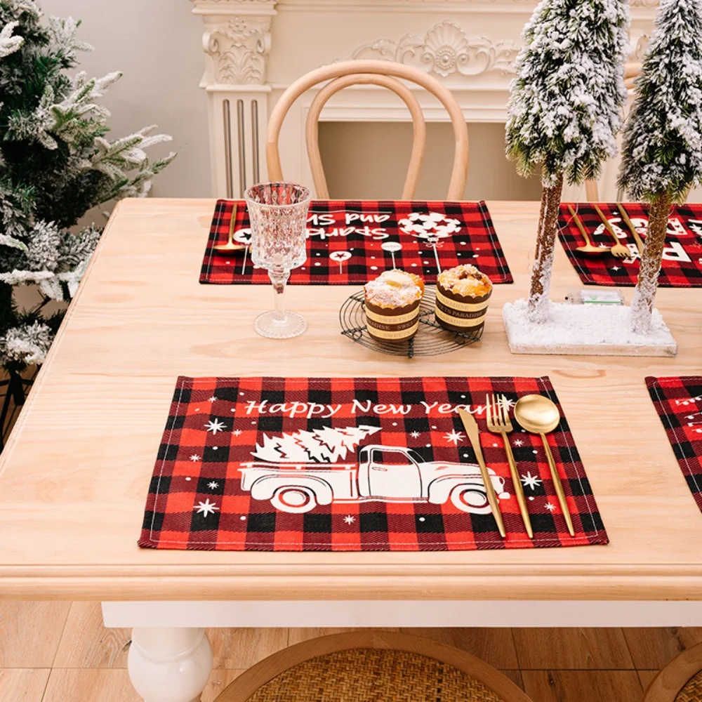 Merry Christmas Placemat Plaid Printed Decorations Tableware Pad Table Mat Napkins Xmas Tablecloth Dining Table Home Decor