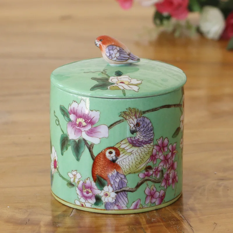 Exquisite Handpainted Porcelain Bird Lid Jar Home Decoration Candy Dental Floss Pick Bottle Cotton Bars Storage Container