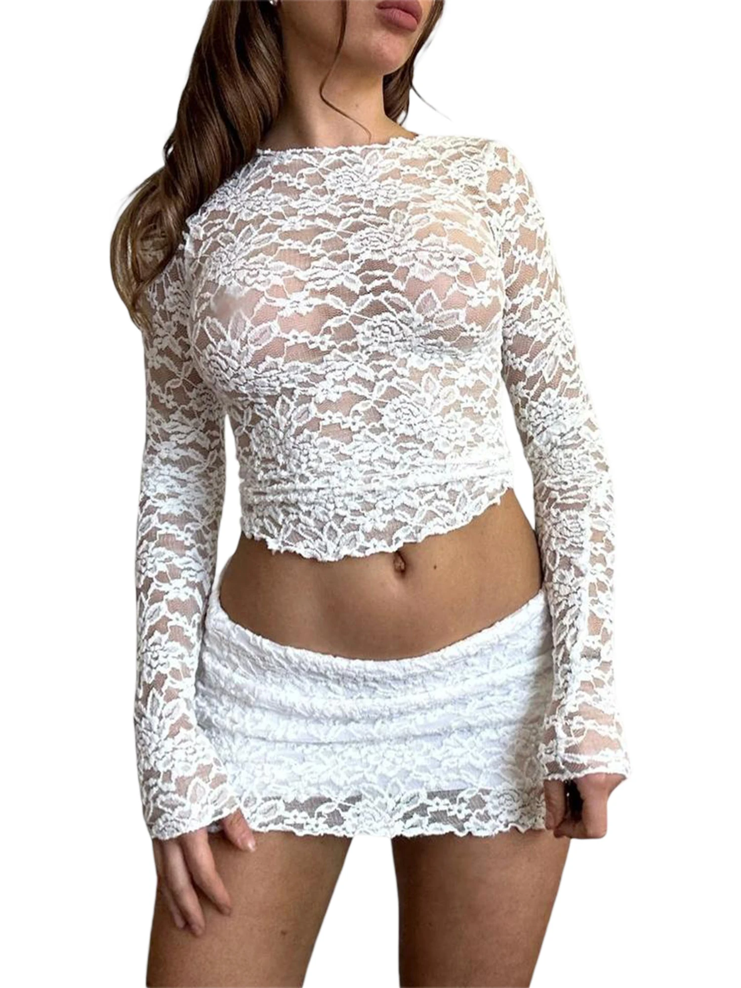 

Y2k Long Sleeve Crop Tops for Women Lace Sheer Sexy Slim Fit T Shirts Fairy Mesh Floral Print See Through Tees (White Lace S)