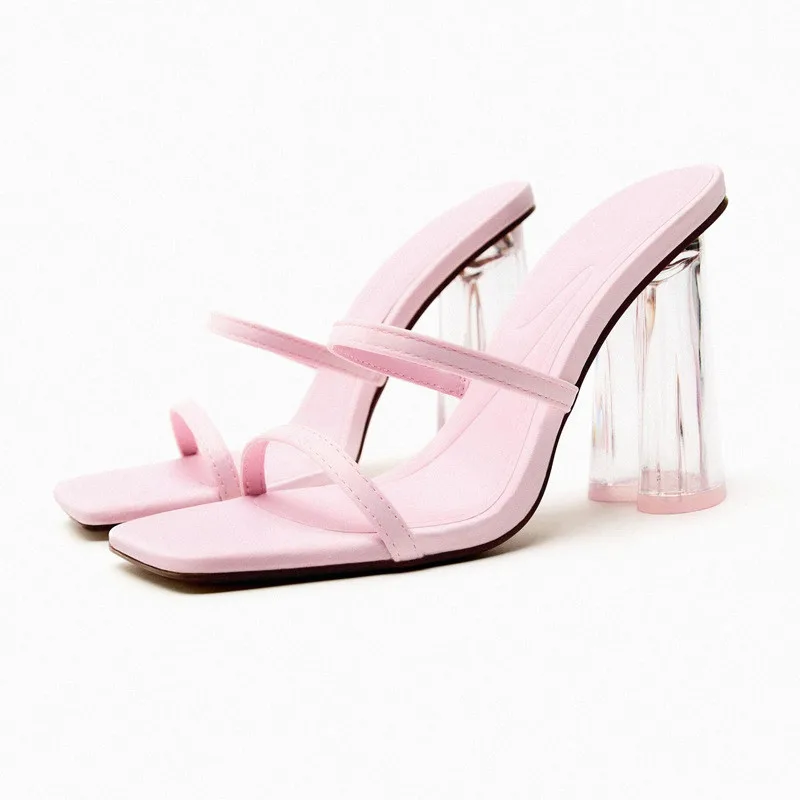 Pink Square Head Slingback High-heel Sandals Summer ZAZA Sexy Open Toe Transparent Thick Fashion Heel High-heel Shoes