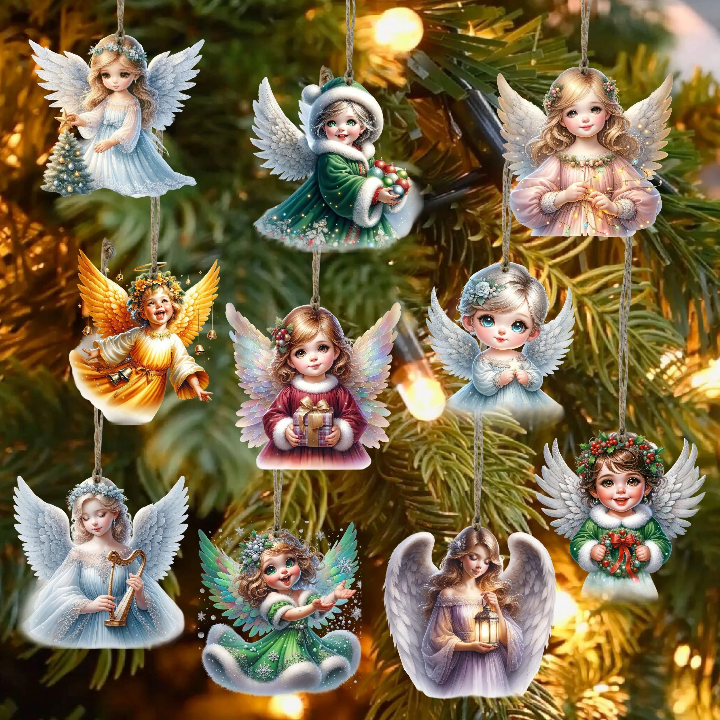 10PCS Handmade Wooden Christmas Angel Ornament Rope Holiday Tree Decoration Battery Free