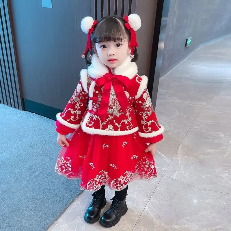

New red Chinese New Year clothes women's Hanfu winter clothes children's Tang suit baby plus velvet padded dress Christmas dress