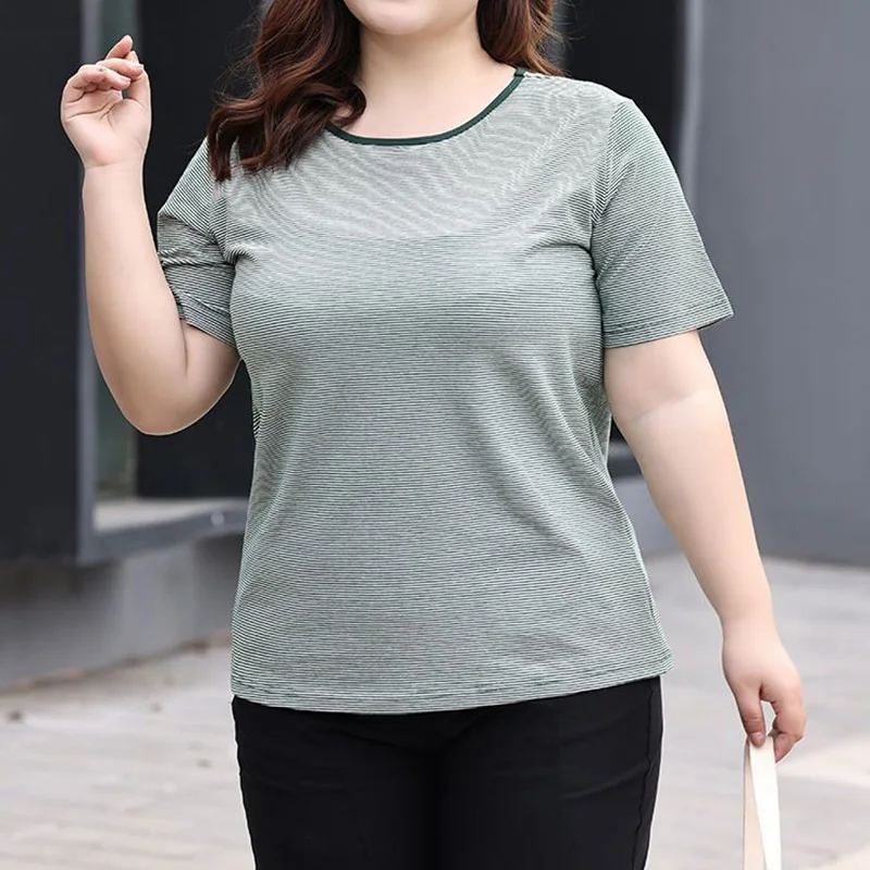 Korean Crew Neck Pullover Short Sleeve Loose T-Shirt Summer Clothes for Women Simplicity Fashion Striped Printing Plus Size Tops