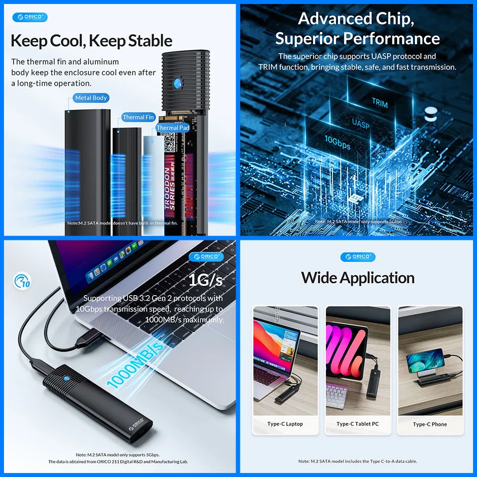 Orico-gabinete Ssd Externo Protocolos Duplos Gabinete M.2 Ngff Nvme Usb 3.2 tipo c Capa do Disco Rígido 10gbps Caixa de Armazenamento hd Casa - Imagem 6
