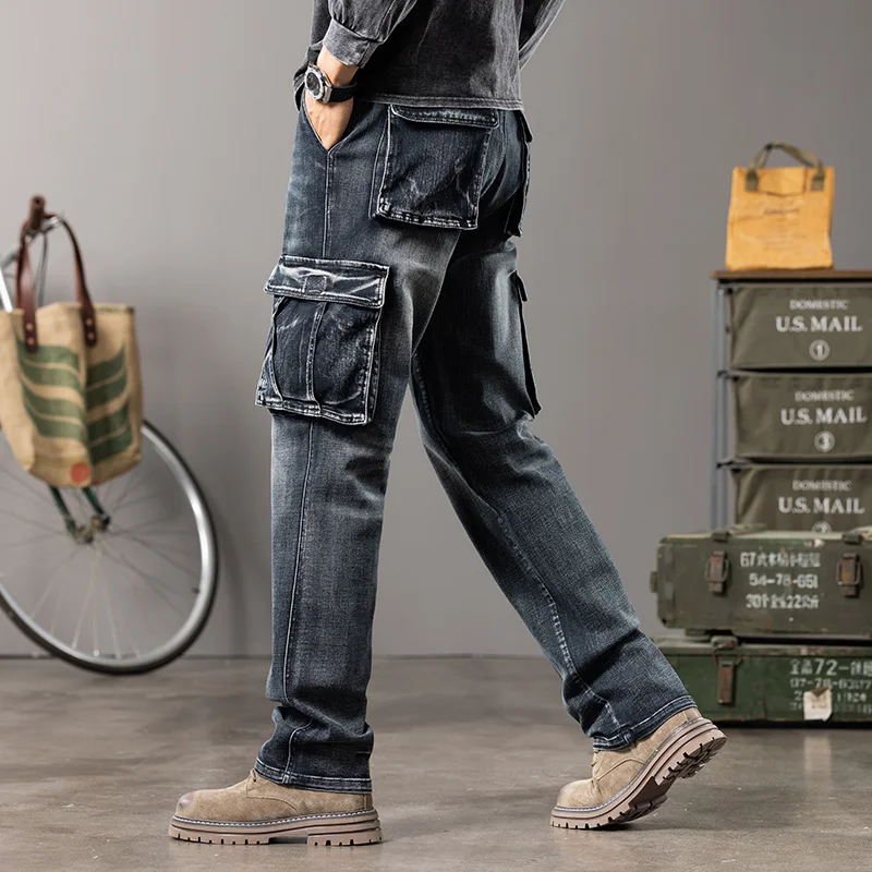 Autumn and winter new styles Men's Outdoor Wide Leg Workwear Multi-Pocket Jeans Straight fit plus size men's jeans  42 44 6