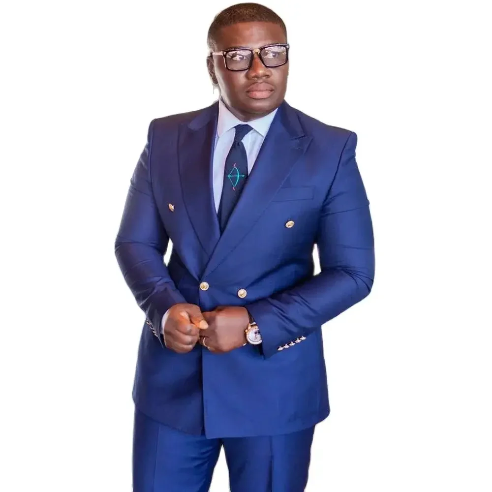 Tailor Double Breasted Blue Men's Suits Peak Lapel Formal Business Outfits Sets High Quality 2 Piece Jacket Pants Costume Homme