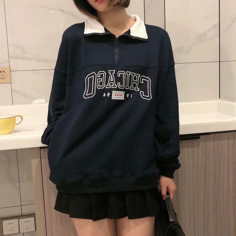 

American Retro Letter Print Sweatshirt Woman Streetwear Oversized Polo Hoodies Harajuku Preppy Style Tracksuit Female