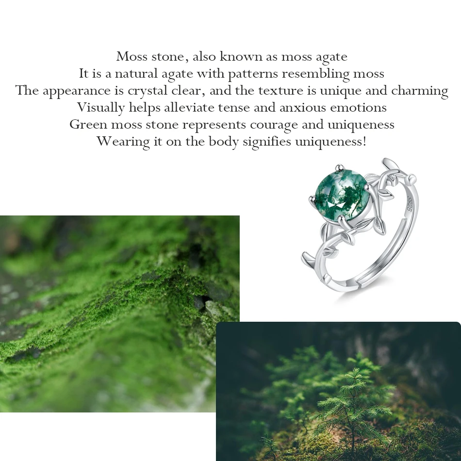 WES 925 Sterling Silver Olive Branch Moss Agate Ring for Women Wedding Jewelry Natural Gemstone 8*8mm Lady Gifts Certified Band