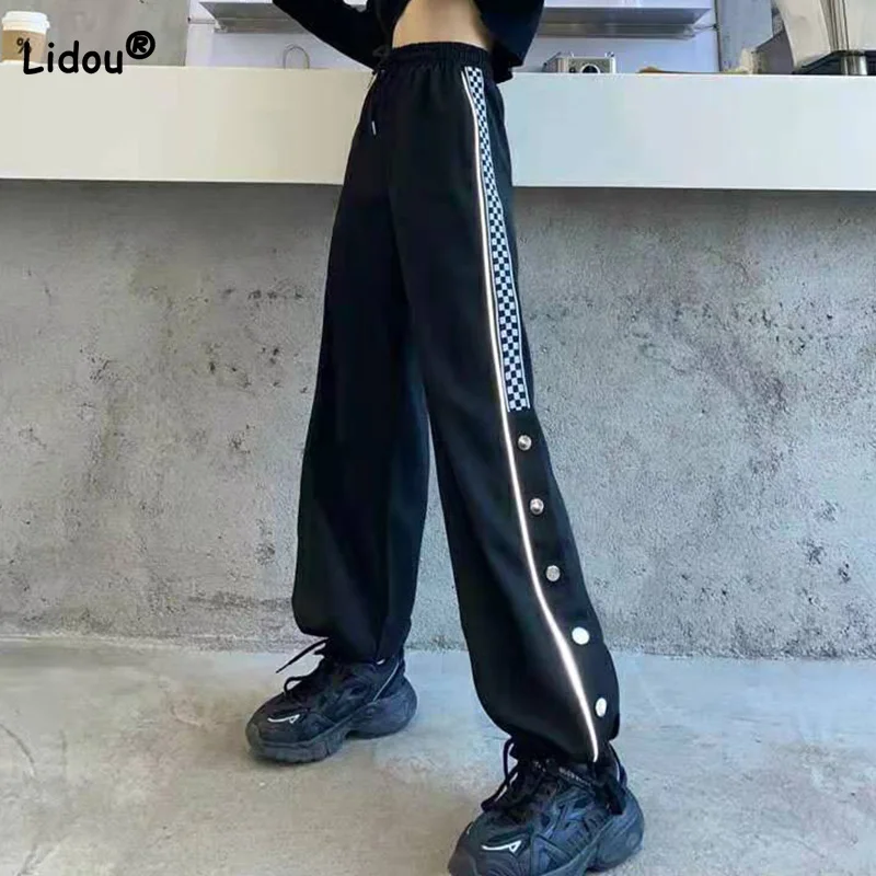 Personality Street Side Button Reflective Split Fork Straight Trousers Spring Autumn Drawstring Patchwork Casual Sports Pants 2023 personality patch men s sportswear hooded suit men s hooded trousers two piece autumn and winter hooded pullover suit