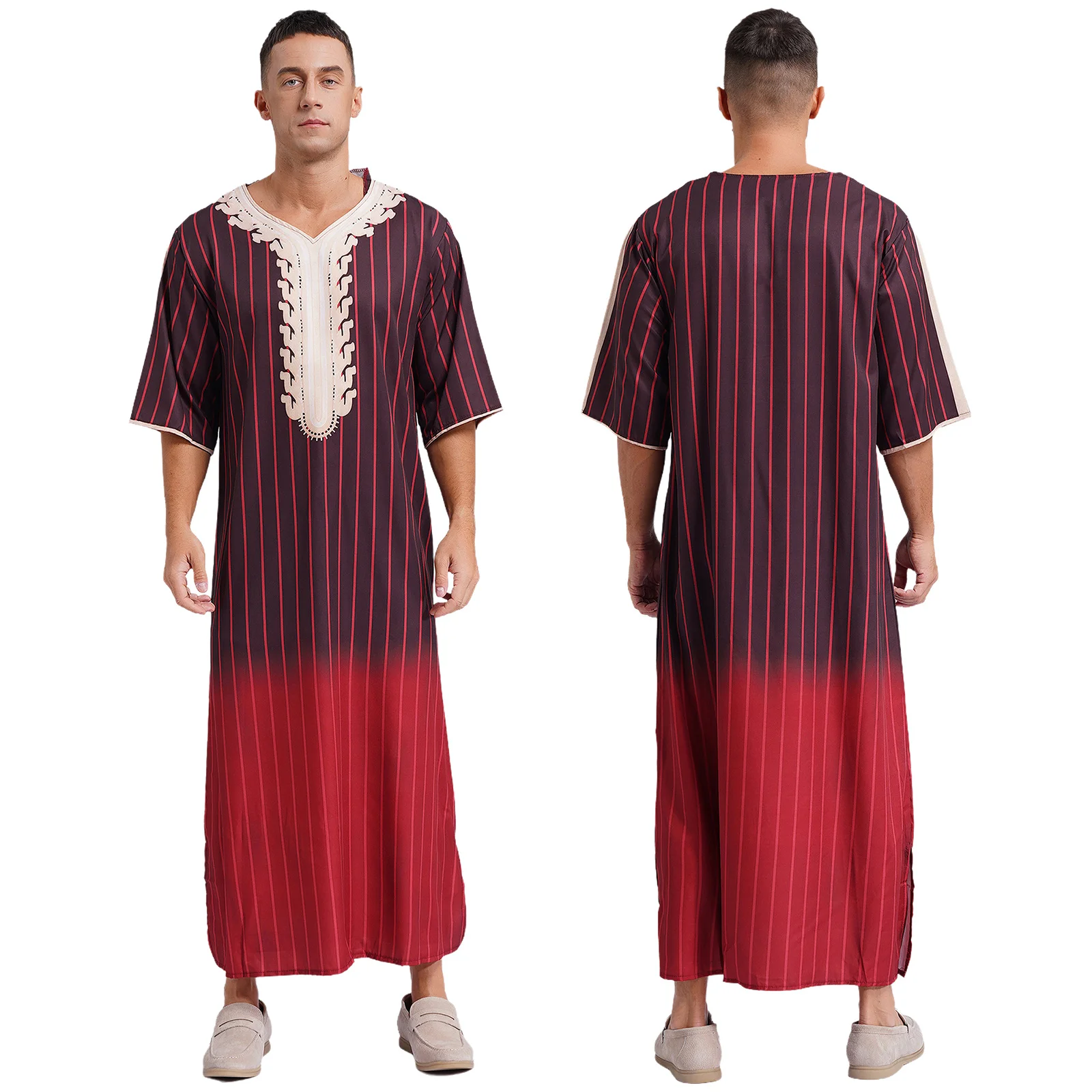 thumbnail image 1 of Bata con estampado musulmán islámico para hombre, trajes de Cosplay con cuello en V, manga corta, dobladillo con abertura, bata árabe caftán suelta para fiesta, vacaciones, ropa de descanso, 1 of 5