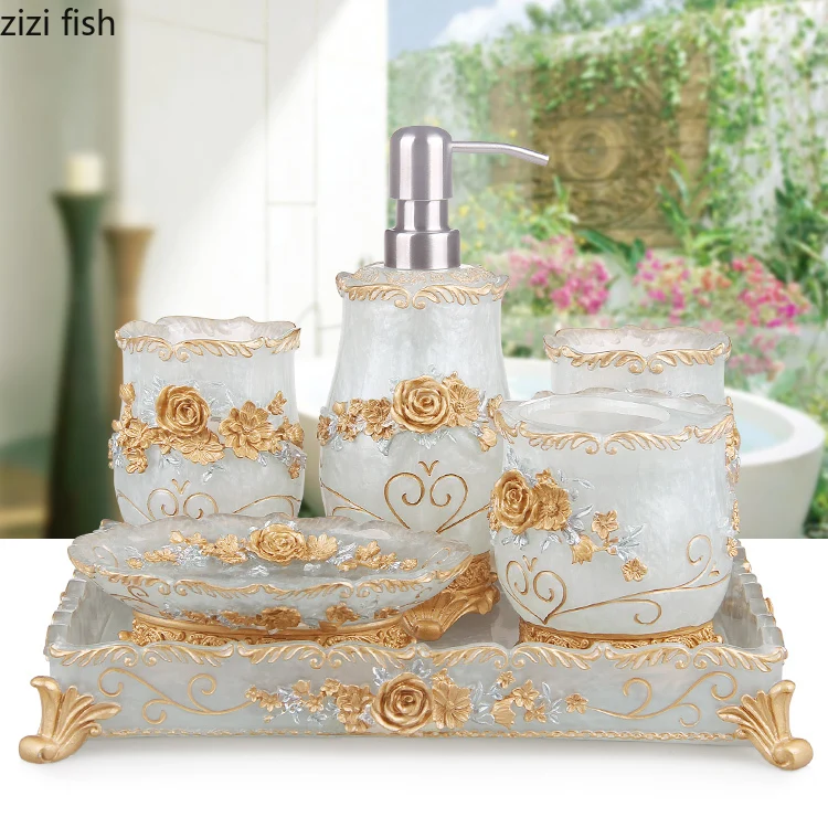 Bathroom Accessories European Resin Household Bathroom Set Soap Dispenser Tooth Brush Holder Cup Soap Dish Tray Toilet Brush Wastebin Storage Set