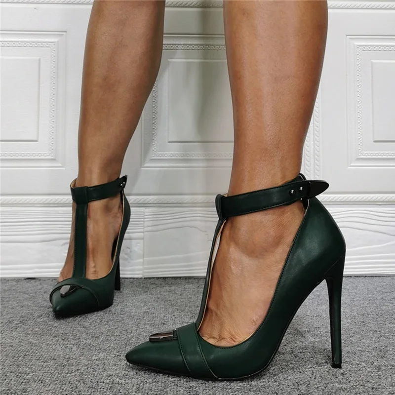 2022 Green PU Leather Stiletto High Heels T-Strap Pumps for Women Ankle Strap Party Dress Shoes Ladies Plus Size Evening Shoes