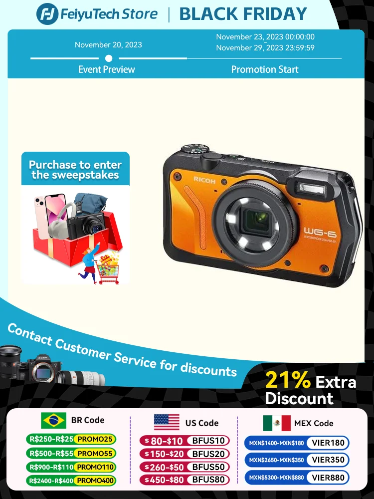 RICOH WG-6 액션 카메라 웹캠 방수 20MP 고해상도 이미지 3 인치 LCD 방수 20m 충격 방지 2.1m 수중