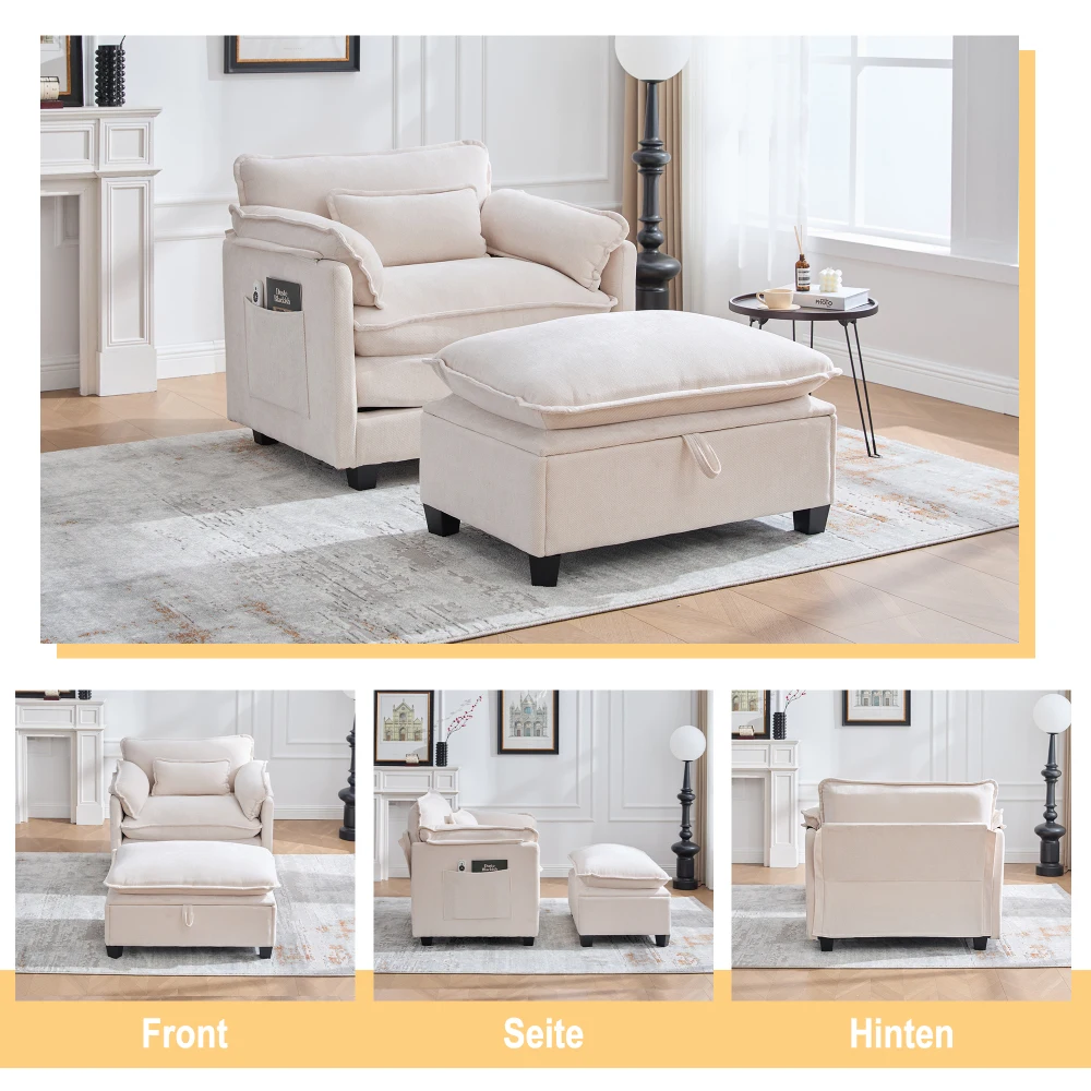 Moderner übergroßer Sessel mit Fußstütze und Hocker, Samt-Loungesessel mit Seitentaschen und Kissen, bequemer Lesestuhl – Detail 10