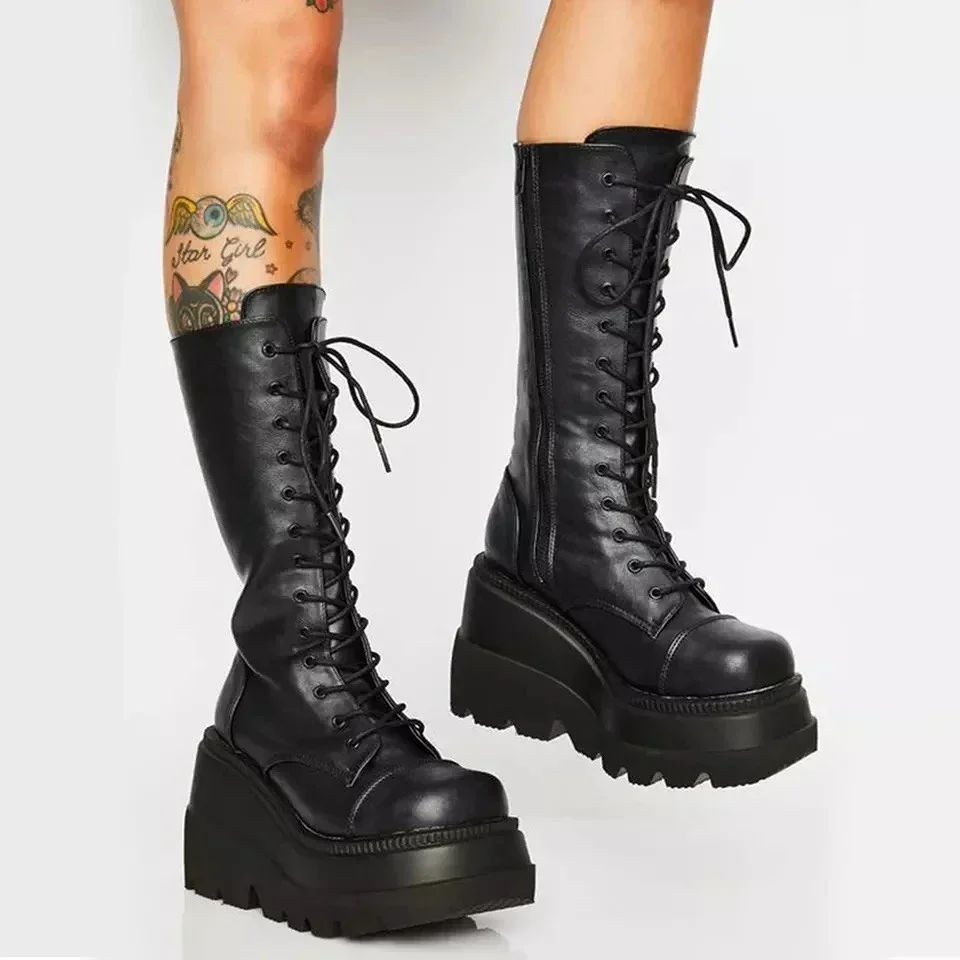 Punk Women Platform Boots Elastic Microfiber Chunky Heel Mid-calf Ladies Boots 2025 Spring Autumn