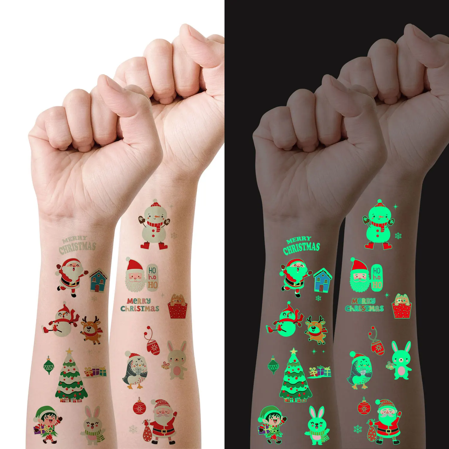 Tattoo Sticker 10 Sheets Christmas Luminous Cartoon Snowman Patterns Glow In The Dark Waterproof Temporary
