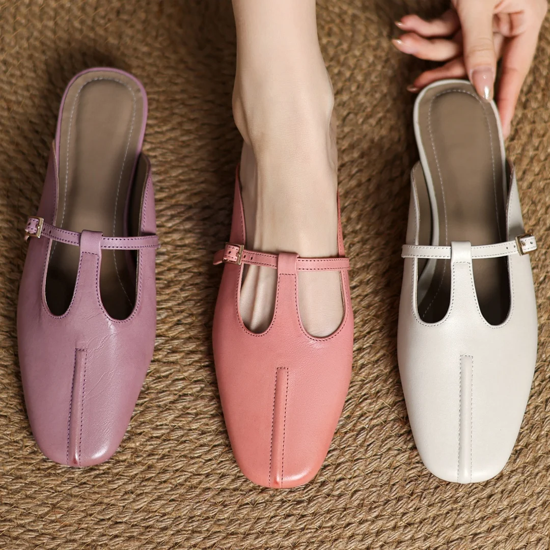 danxuefei plus size 34-41 women's cow leather t-strap slip-on flats summer slides sandals casual female soft comfortable mules