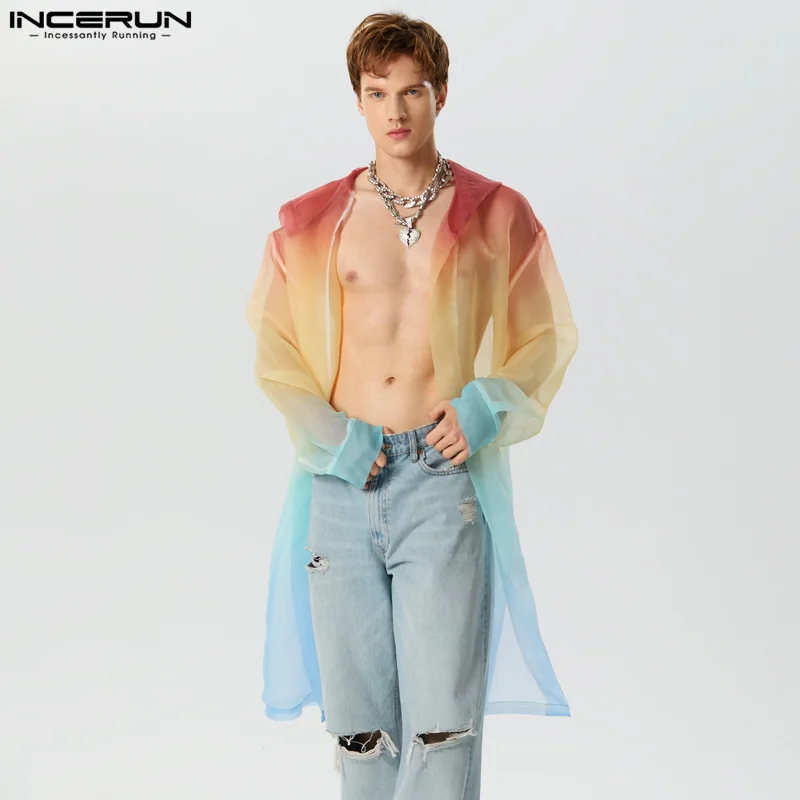 INCERUN Tops 2023 American Style Handsome New Men Gradient Mesh Hooded Cardigan Trench Casual Sexy Male Hot Selling Trench S-5XL