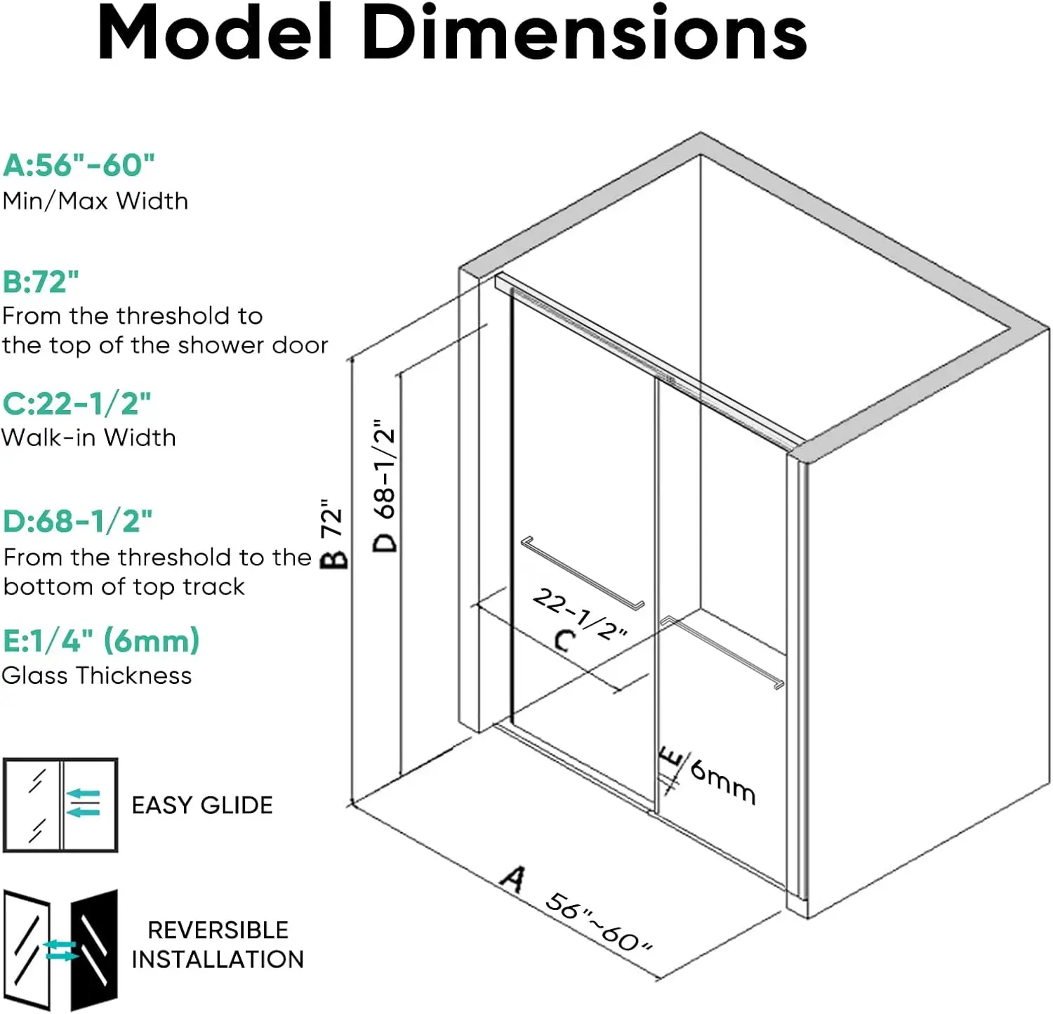 Shower Door, 56-60" W x 72" H, Aluminum Frame Double Sliding Shower Door, 1/4" (6mm) Thick Glass Shower Door 6