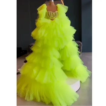 Fashion Neon Green Tiered Tulle Prom Gowns 2 Pieces Formal Party Dresses Crystal Beaded Asymmetrical Wedding Gowns