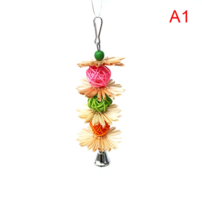1PC Colorful Parrot Chew Strands Bite Teeth Griiding Ball Bell Attractive Bird Parakeet Natural Straw Flower Rattan Ball Toy