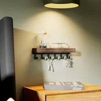 Rustic Wooden Floating Shelf with 6 Hooks Shower Caddy and Key Holder Nordic Style Storage Organizer for Home Bedroom Bathroom 2