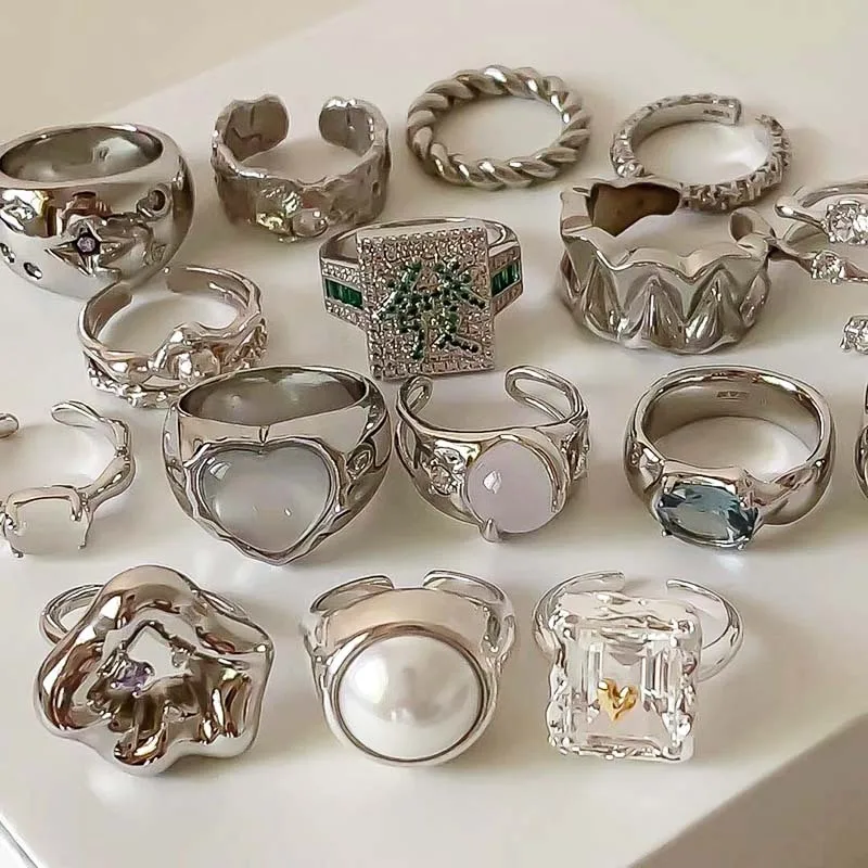 쥬얼리은 HOYON 퓨어 내츄럴 화이트 3 캐럿 Moissanite 보석 S925 실버 컬러 반지 여성용 Anillos De Jewelry Bizuteria 반지 11 INS 미니멀리스트 실버 컬러 불규칙 주름 표면 손가락 반지, 창의적인 기하학적 펑크 오프닝 링, 여성 소녀 쥬얼리