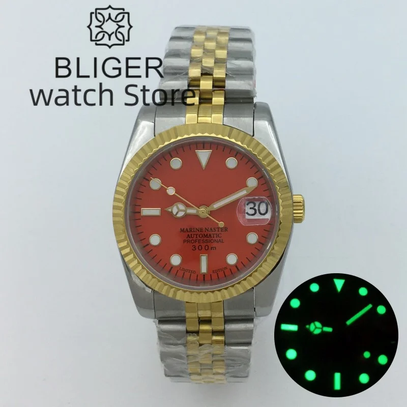 

Bliger36mm/39mm NH35 Automatic Luxury Gold Silver Two-Tone Watch For Men Red Dial Sapphire Glass Gold Fluted Bezel Jubilee Strap