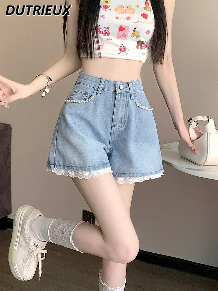 Sweet Chic Denim Shorts Women Summer New High Waist Slimming Wide Leg A- Line Jeans Shorts Small Beading Lace Short Pants Female