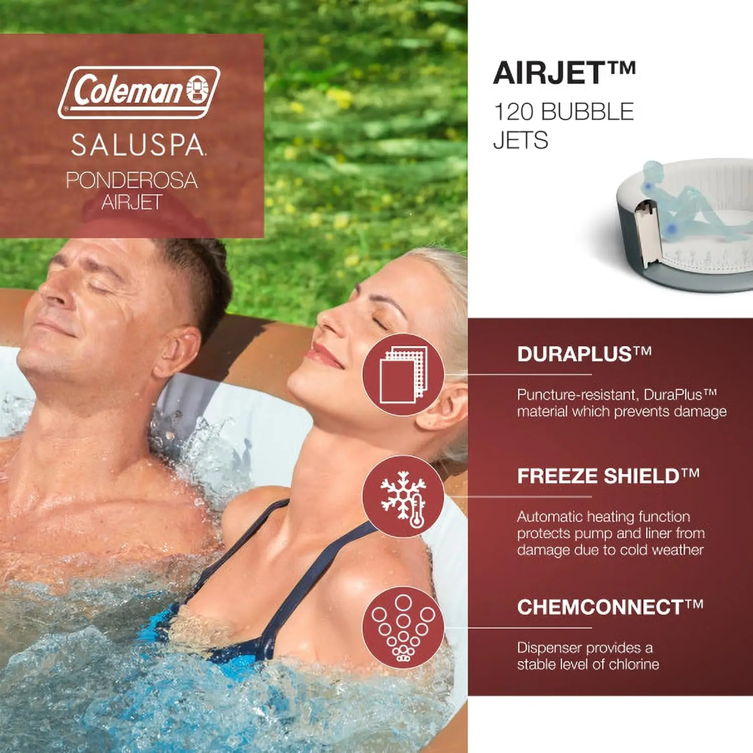 SaluSpa Ponderosa AirJet 2 to 4 Person Inflatable Hot Tub Round Portable Outdoor Spa with 120 Soothing Jets with Cover Orange