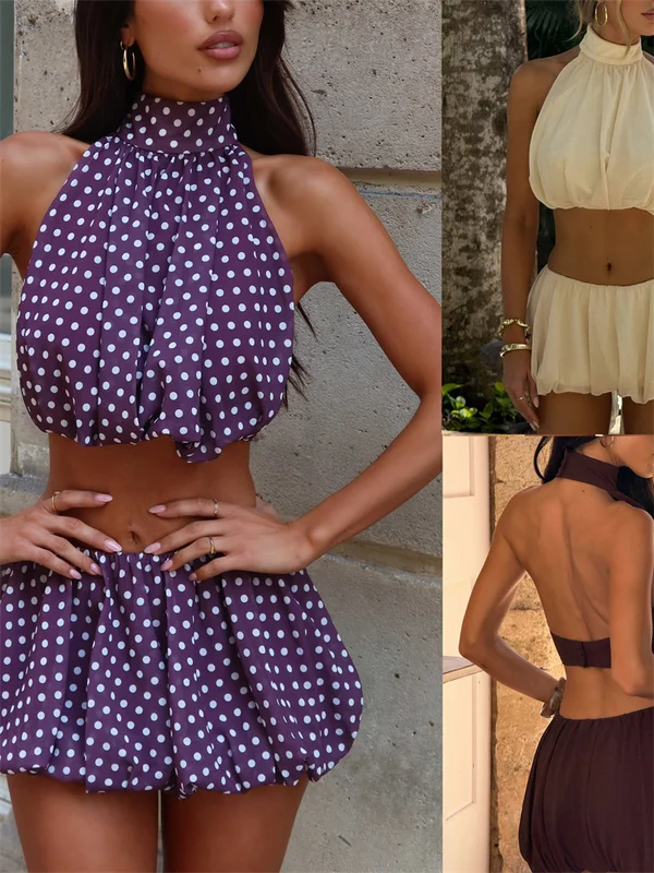 Women's Short Skirt Set Summer Solid Color/Dot Sleeveless