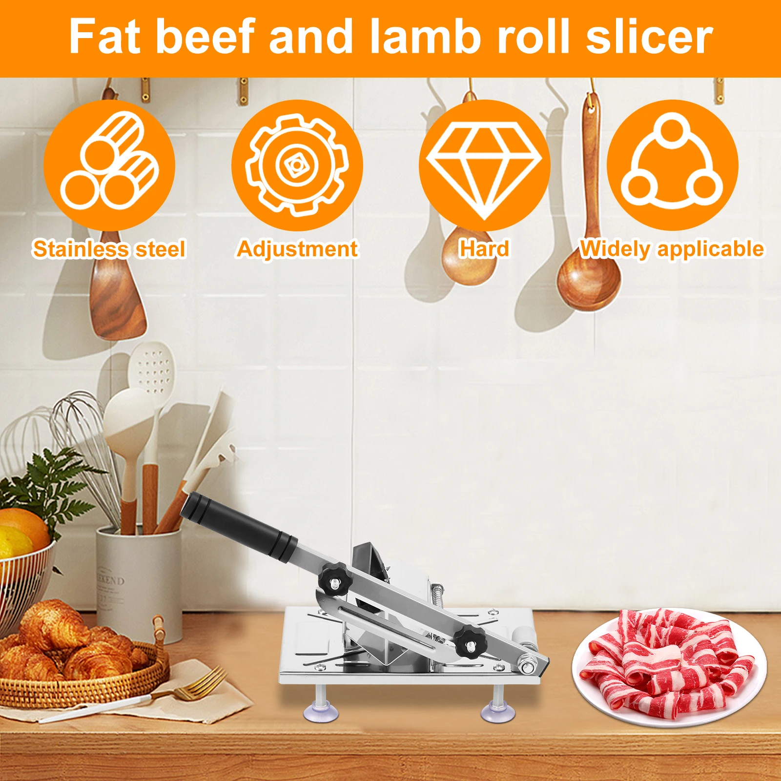 Frozen Meat Slicer Stainless Steel Meat Food Slicer with Anti Slip Suction Cups Thickness Adjustable Cutting Machine,food slicer