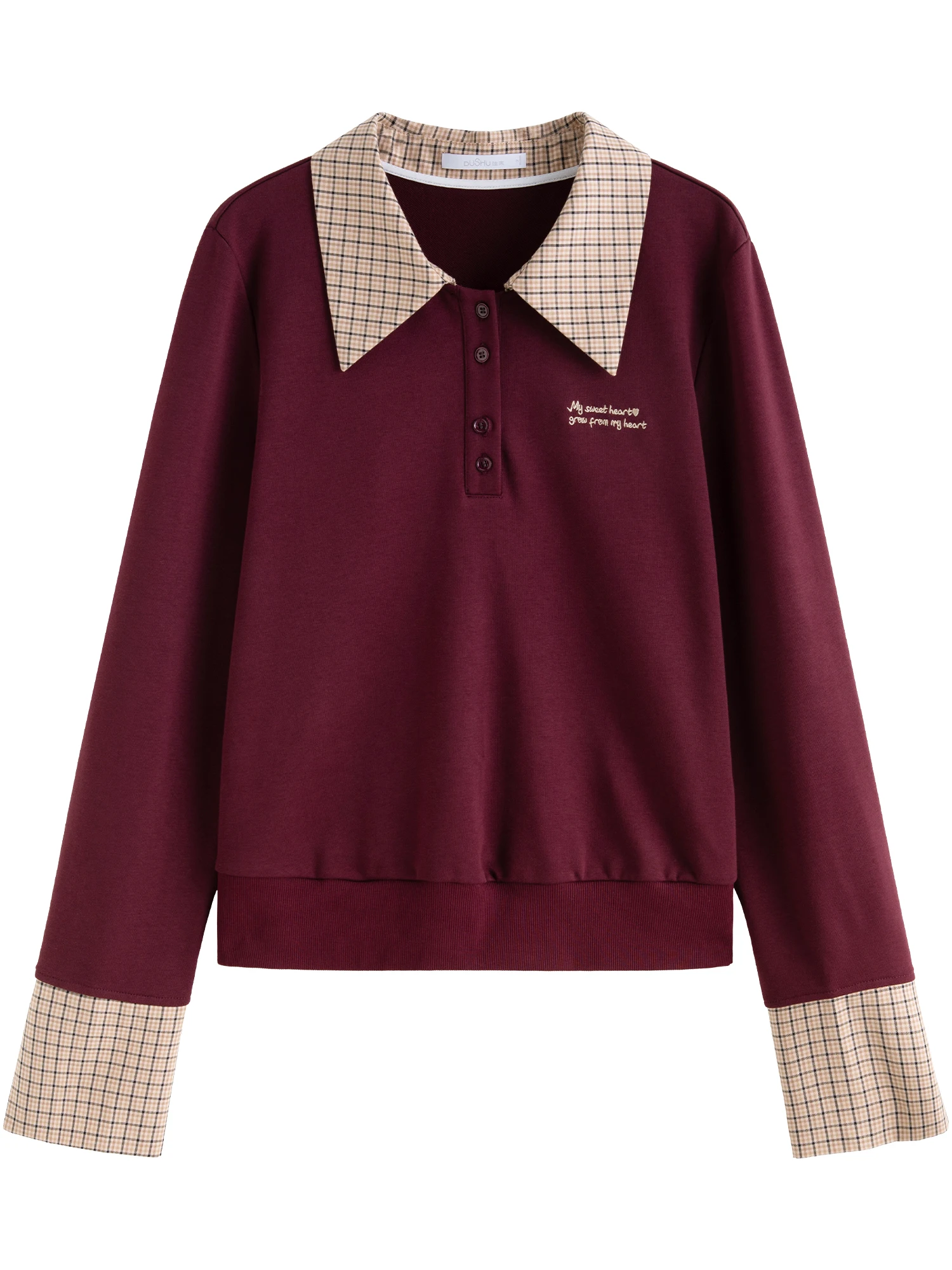 DUSHU Ankola Red Fake Two-piece Long-sleeved Sweatshirt 2025 Spring New Design Commuter Retro Style Top Chic Shirt 25DS81073 4