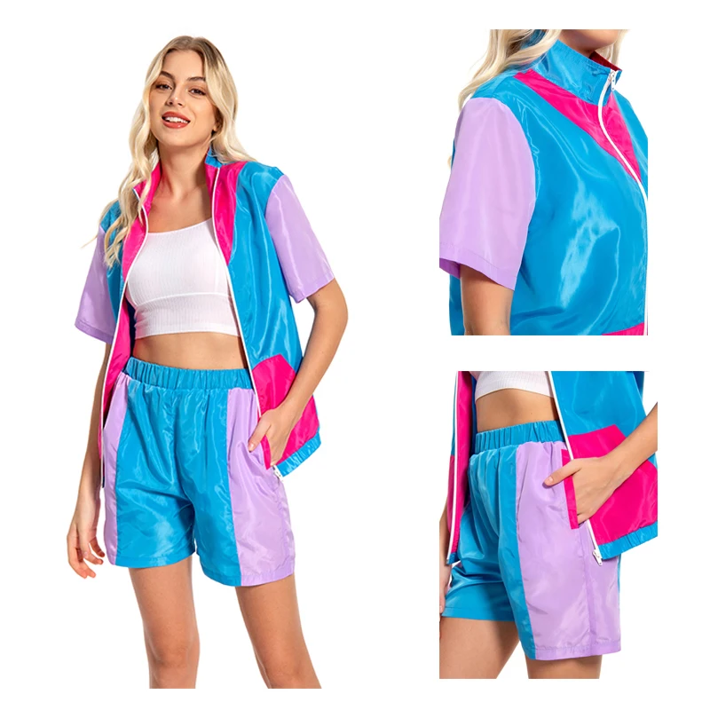 

80s Women Retro Cosplay Vintage Costume Outfits Two-Piece Tops Short Pants Set Tracksuit Girls Halloween Carnival Party Suit