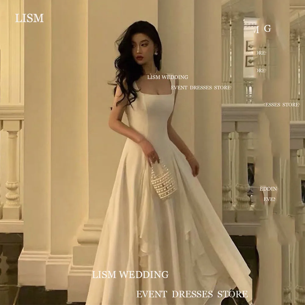 

LISM Simple Chiffon Evening Dresses Square Collar Sleeveless Prom Gowns Ruffles A-Line Floor Length Formal Party Dress Women