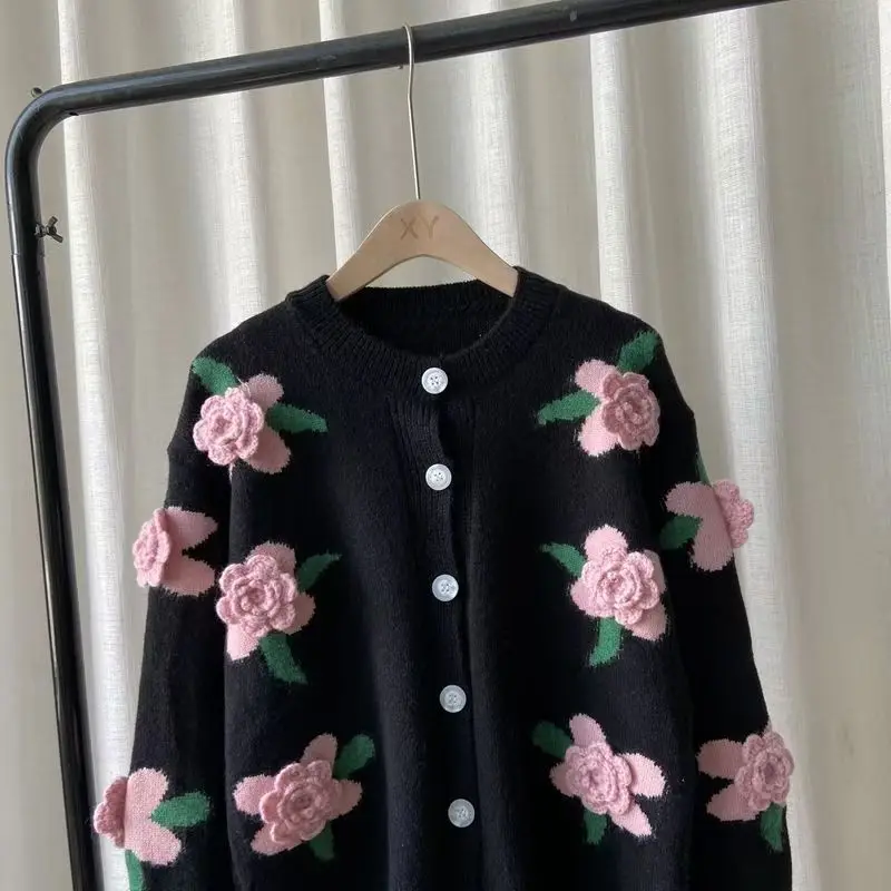 Casual Sweater Female 2023 Cardigan Women Sweater Loose Outer Coat Long Sleeve 3D Flower Round Neck Knitted Cardigan Female 5