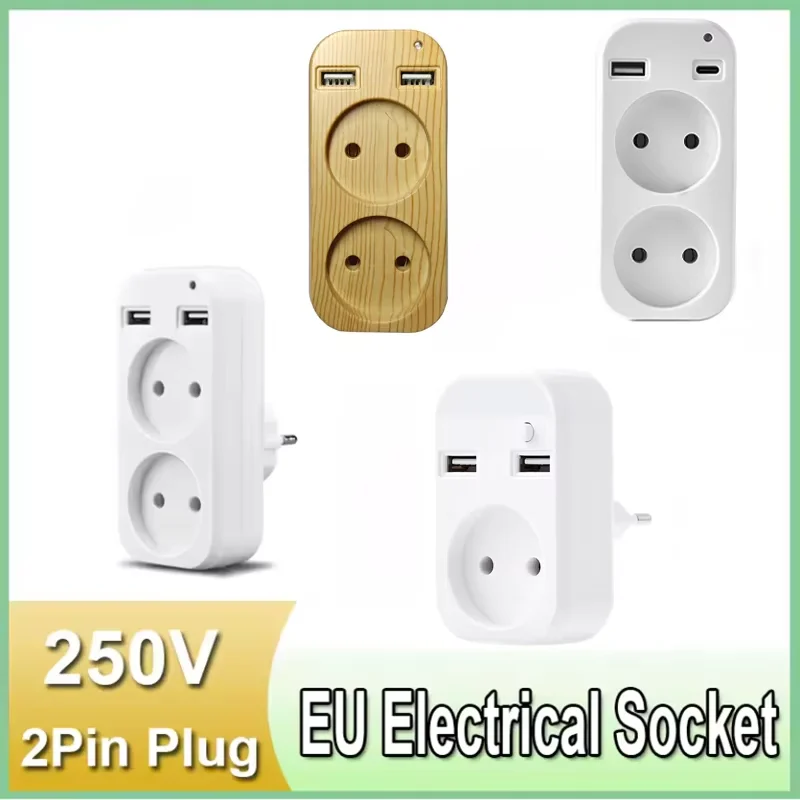 EU Plug Power Strip Adapter Wall Double AC Socket Portable 2 USB Port 1200W 250V For Smartphones Tablets