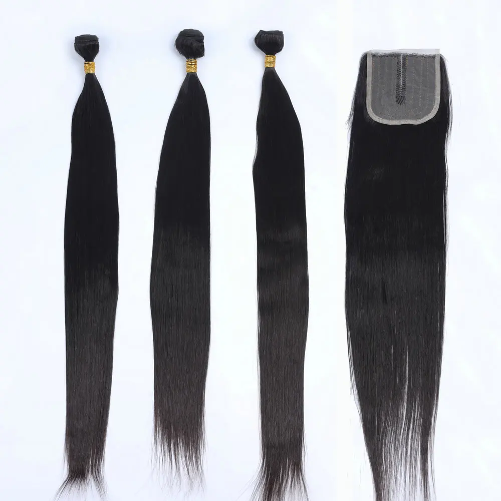 Natural Black Color Hair Weave With T Part Closure,Protein hair Blend Bundles Soft Longer Silk Straight Hair Bone Straight 100g