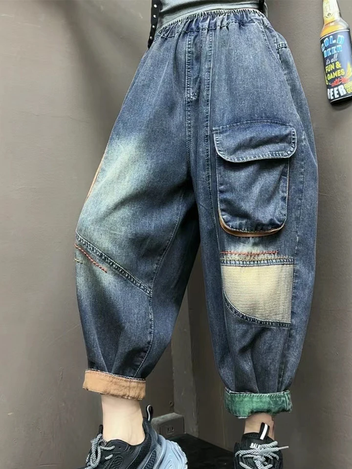 AmaxluluE Spring Patchwork Vintage Denim Pants Women 2024