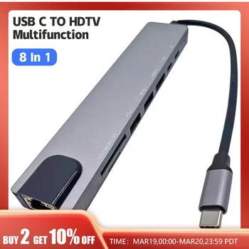 USB C 타입 허브 HDMI 4K 어댑터, RJ45 랜 이더넷 TF SD 리더, USB-C 3.0 타입 C 도킹 스테이션, 노트북 맥북, 8 인 1