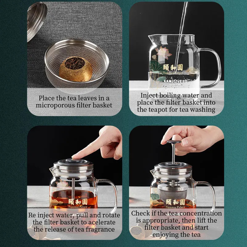 KAMJOVE Heat-Resistant Glass Tea Kettle with Infuser,Tea Pot with Separation Kettle Press Pu 'er Pot,304 Stainless Steel Filter