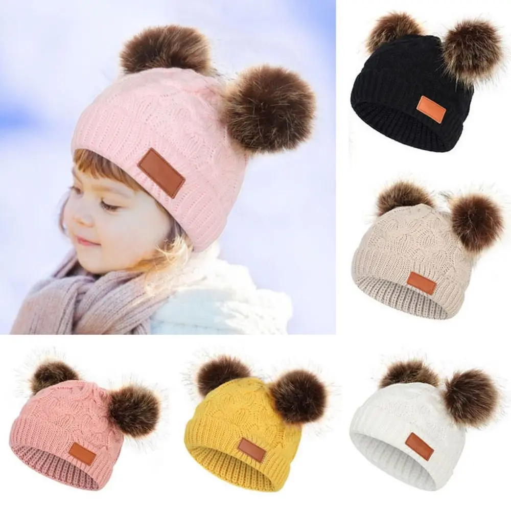 

Plush Baby Pompom Beanie Cap Fashion Soft Knitted Ski Hats Double Pompom Winter Warm Hemming Hat Toddler Infant