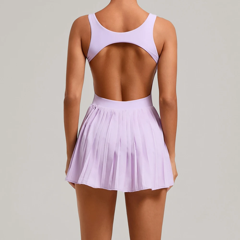 Bodycon Tennis Dress with Shorts Pocket Women One Piece Sport Outfit Sleeveless Hollow Backless Gym Short Dress Fitness Yoga Set