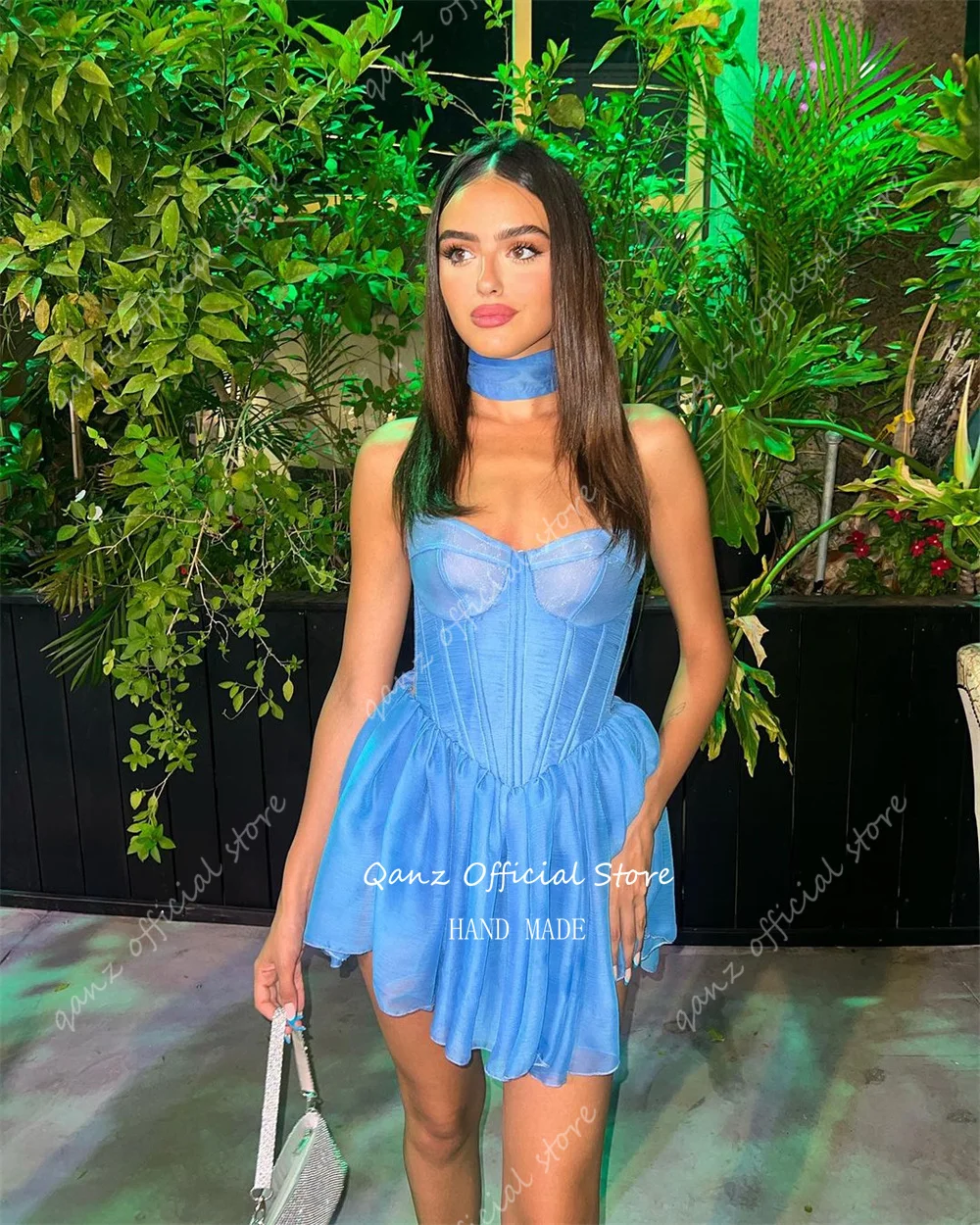 Qanz Sexy Cocktail Dresses Sweetheart Chiffon Short Homecoming Dresses Mini Blue A Line Corset Back Dress Party Night Plus Size