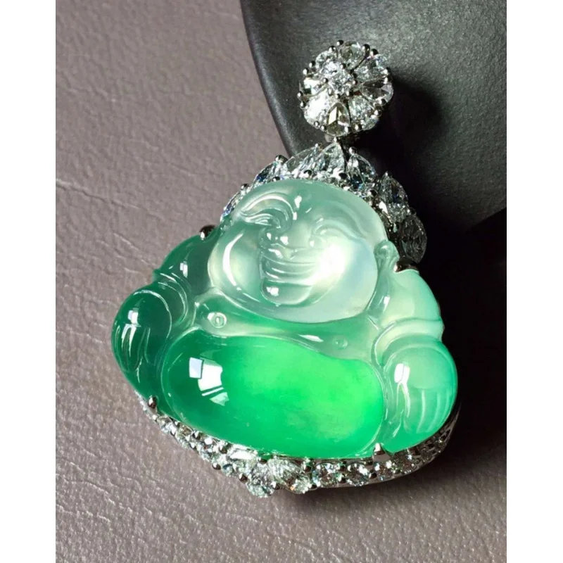 

Emerald Pendant Smile Jade Buddha Statue High Ice Green Peace Buckle 18K Gold Inlaid