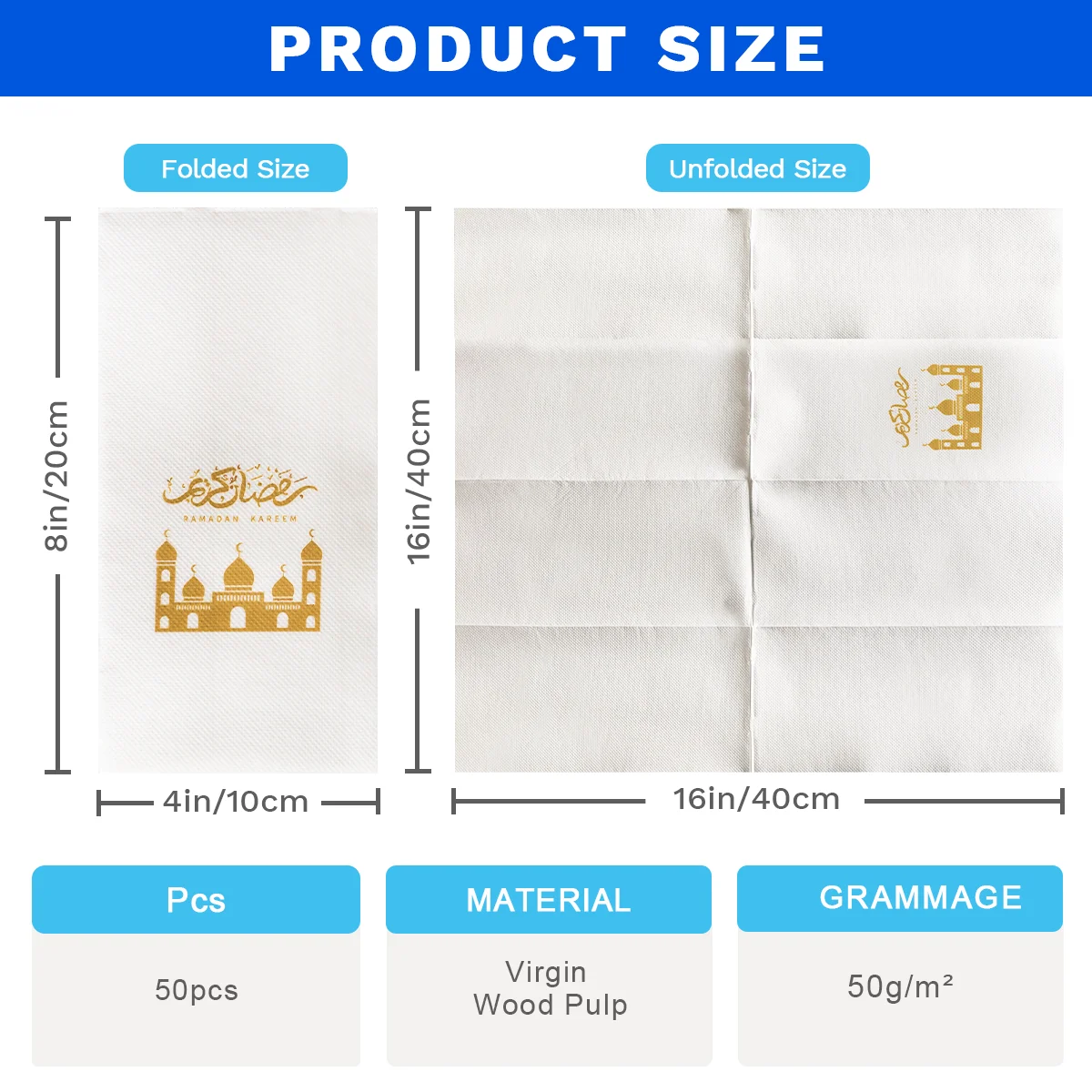 Eid Mubarak Ramadan Napkins 50/100Pcs Disposable Paper Napkins, 2Ply, 15.75x15.75inch, Gold Printing with Moon/Party/Hand Towels