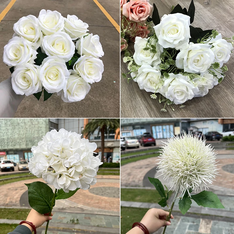 Large Artificial Bouquet Silk Hydrangeas Roses Wedding Bridal Bouquet Fake Flowers Home Party Living Room Decoration Accessories