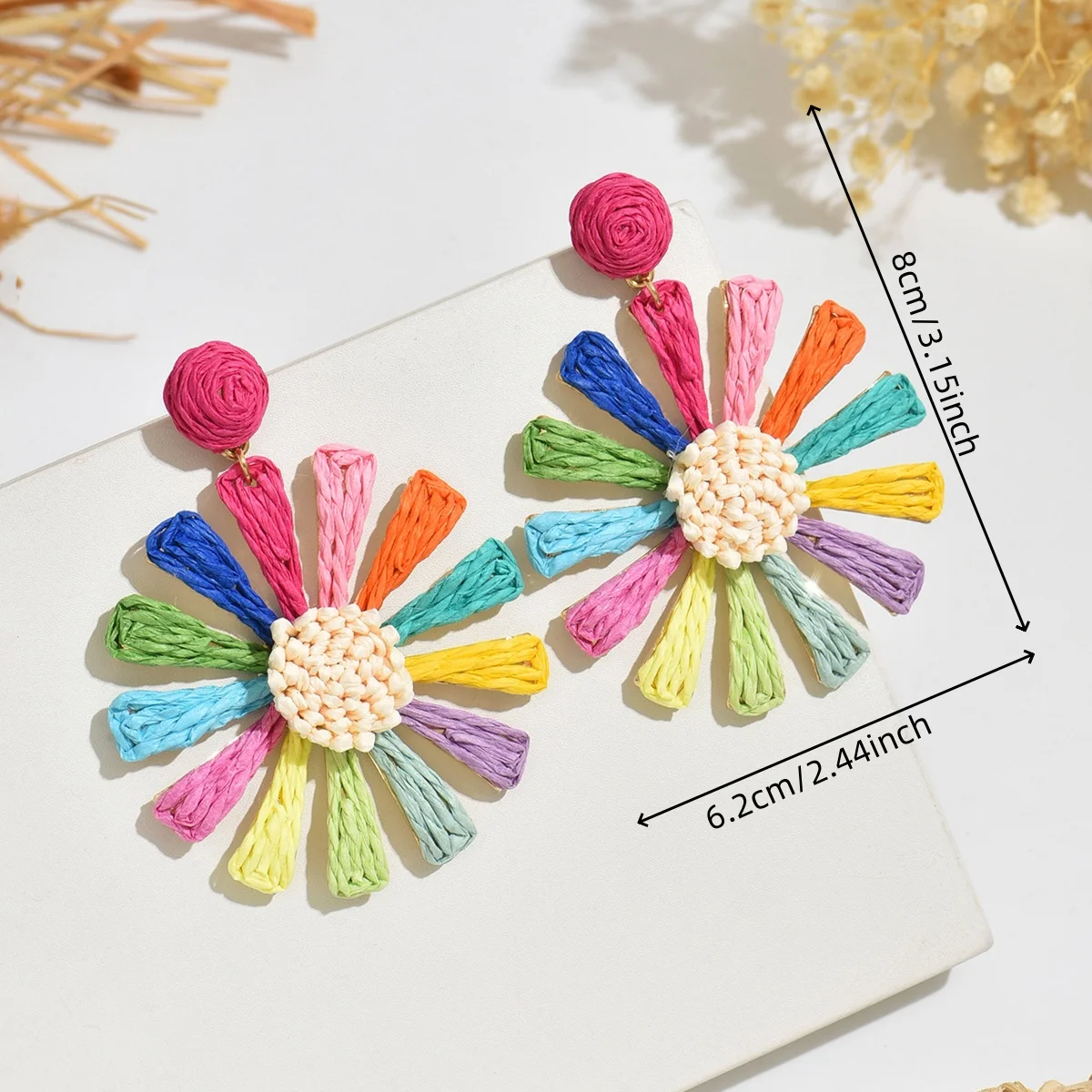Boho Colorful Sunflower Rattan Knit Drop Earrings for Women Delicate Handmade Raffia Floral Earrings Summer Party Jewelry Gift