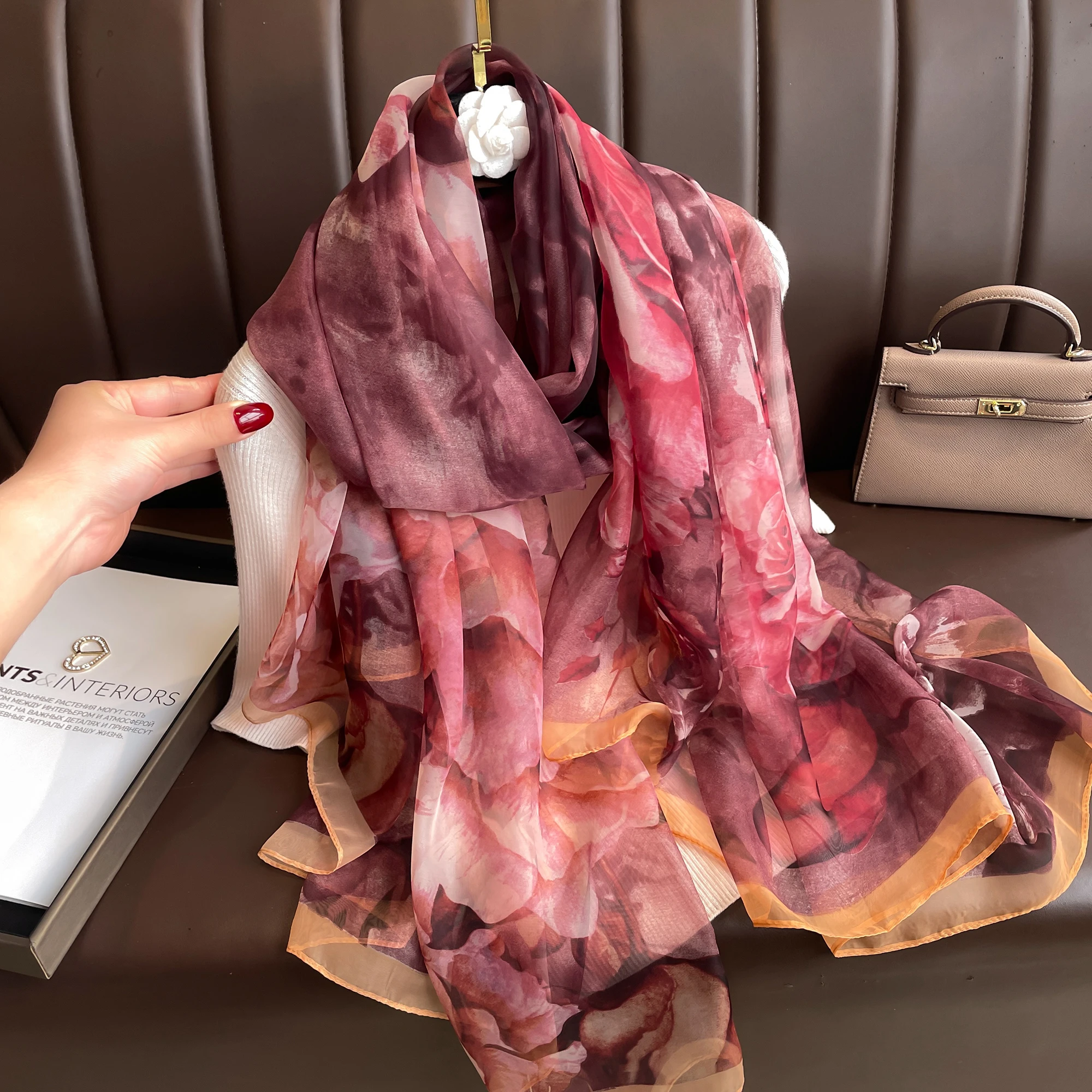 2025 Fashion Silk Scarf Women Foulard Thin Stoles Beach Travel Tippet Floral Long Veil Shawl Luxury Scarves Soft Premium Pareos