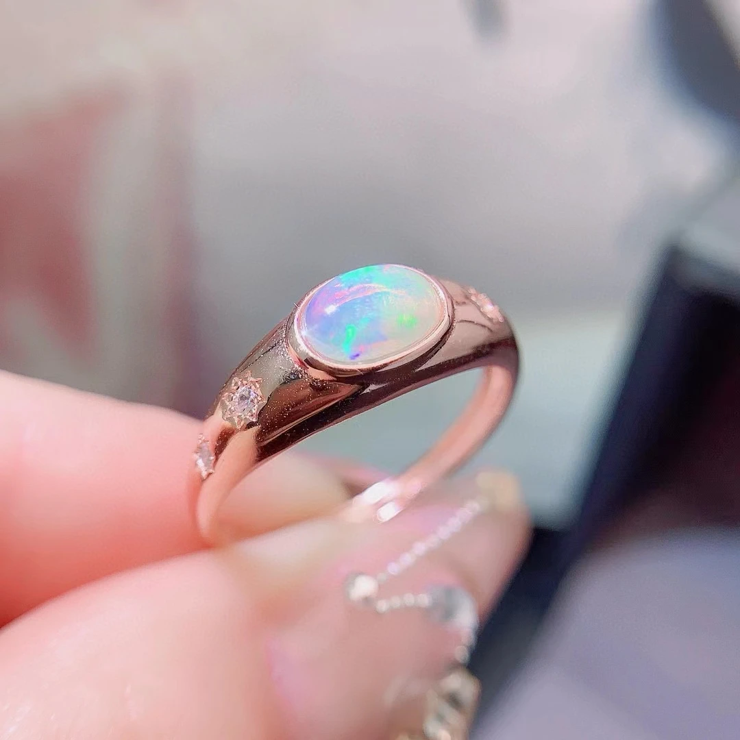 Solid 925 Silver Opal Ring for Daily Wear 5mm*7mm Natural Australia Opal Ring with 3 Layers 18K Gold Plating Keep Shining